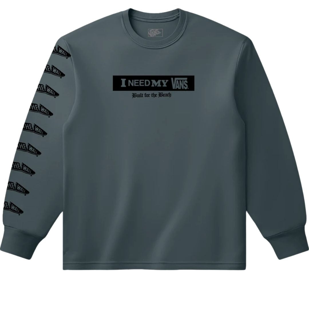 Vans I Need My Long Sleeve T-Shirt Mystic Moss vista frontal con logo I Need My Vans y estampado Off The Wall en la manga.