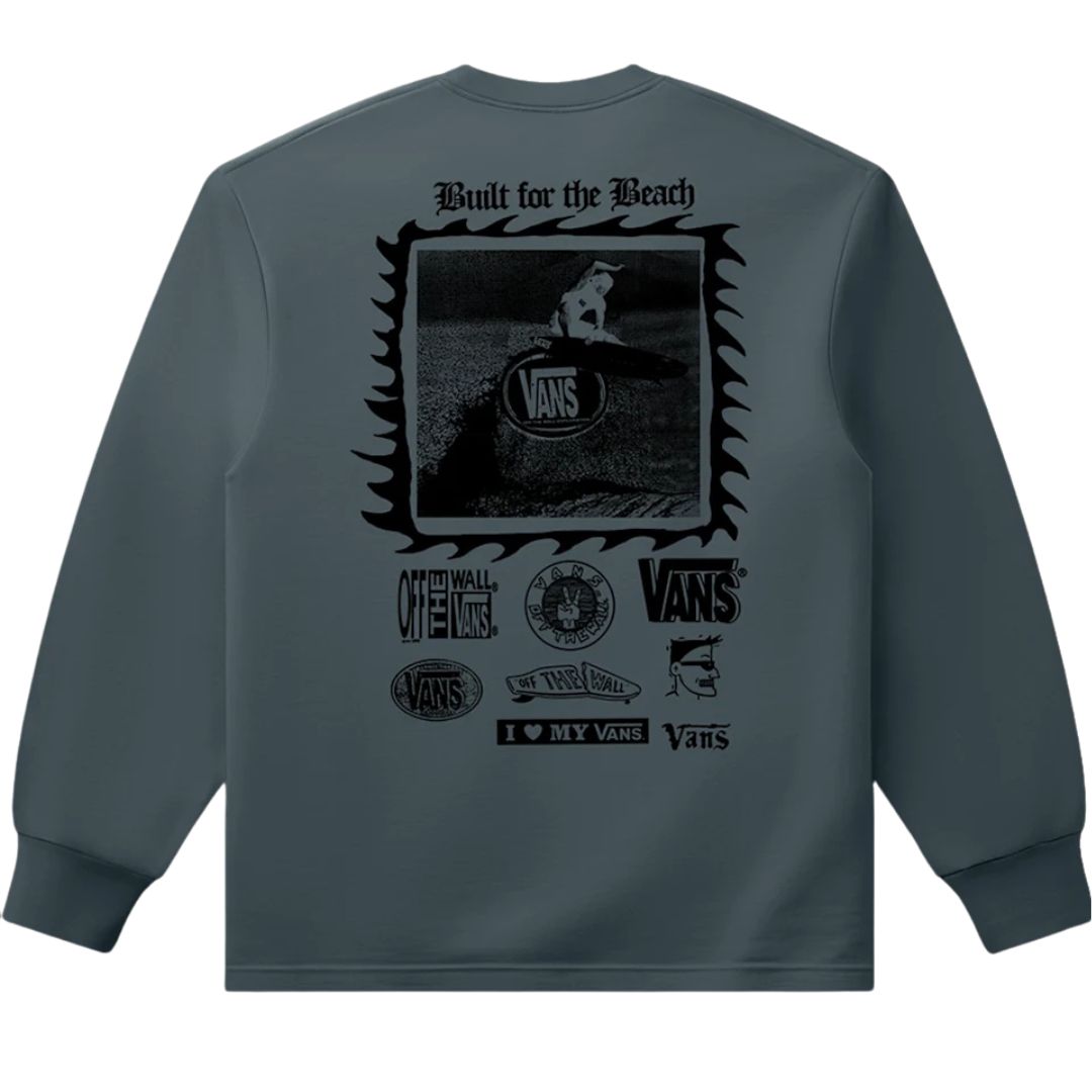 Vans I Need My Long Sleeve T-Shirt Mystic Moss vista trasera con gráfico Built for the Beach y diseño surf retro en la espalda.