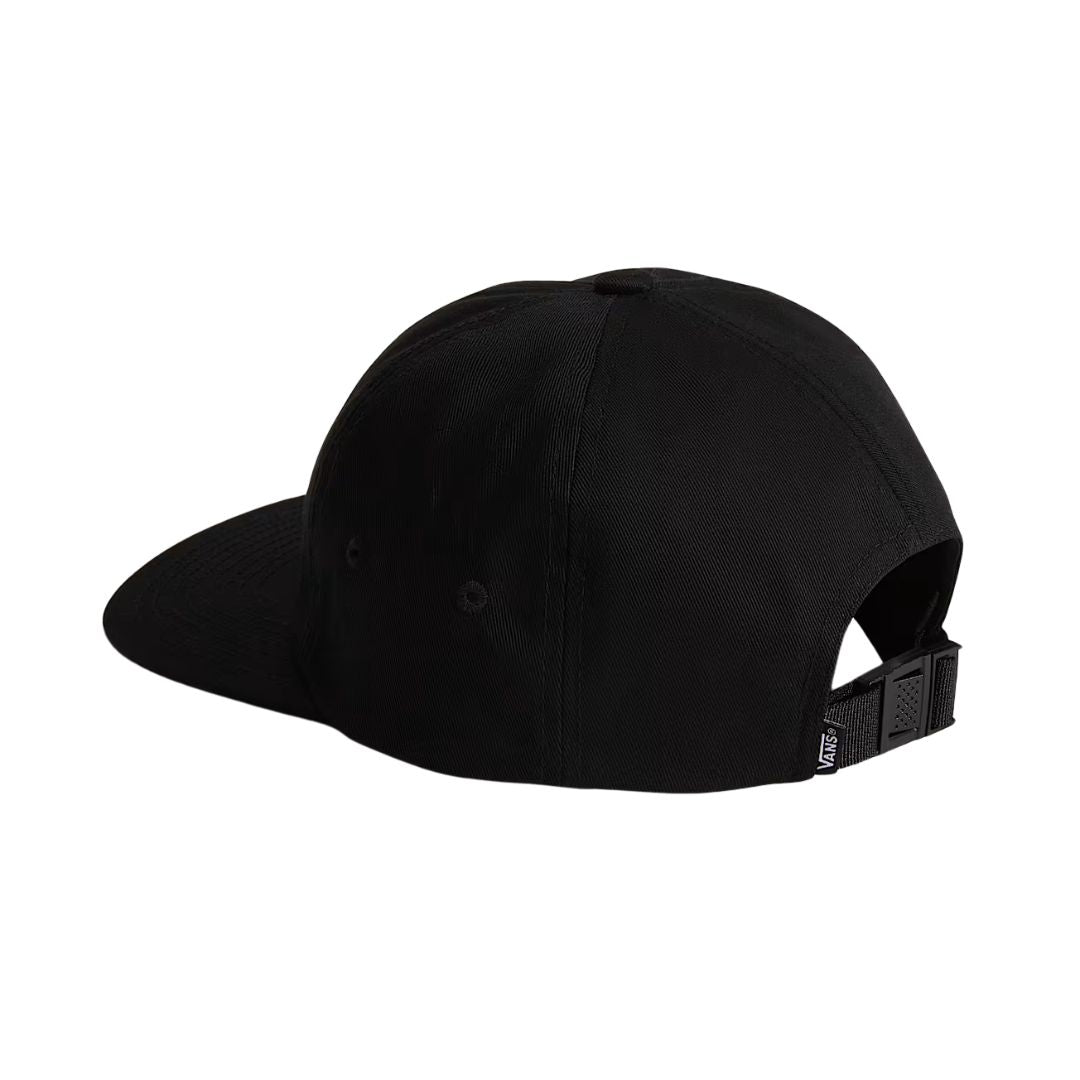 Vans Jockey negra vista trasera, gorra tipo jockey de seis paneles con visera plana y correa trasera ajustable en algodón.