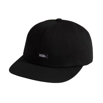 Vans Jockey negra vista frontal, gorra clásica de seis paneles en algodón con visera plana y ajuste estándar.