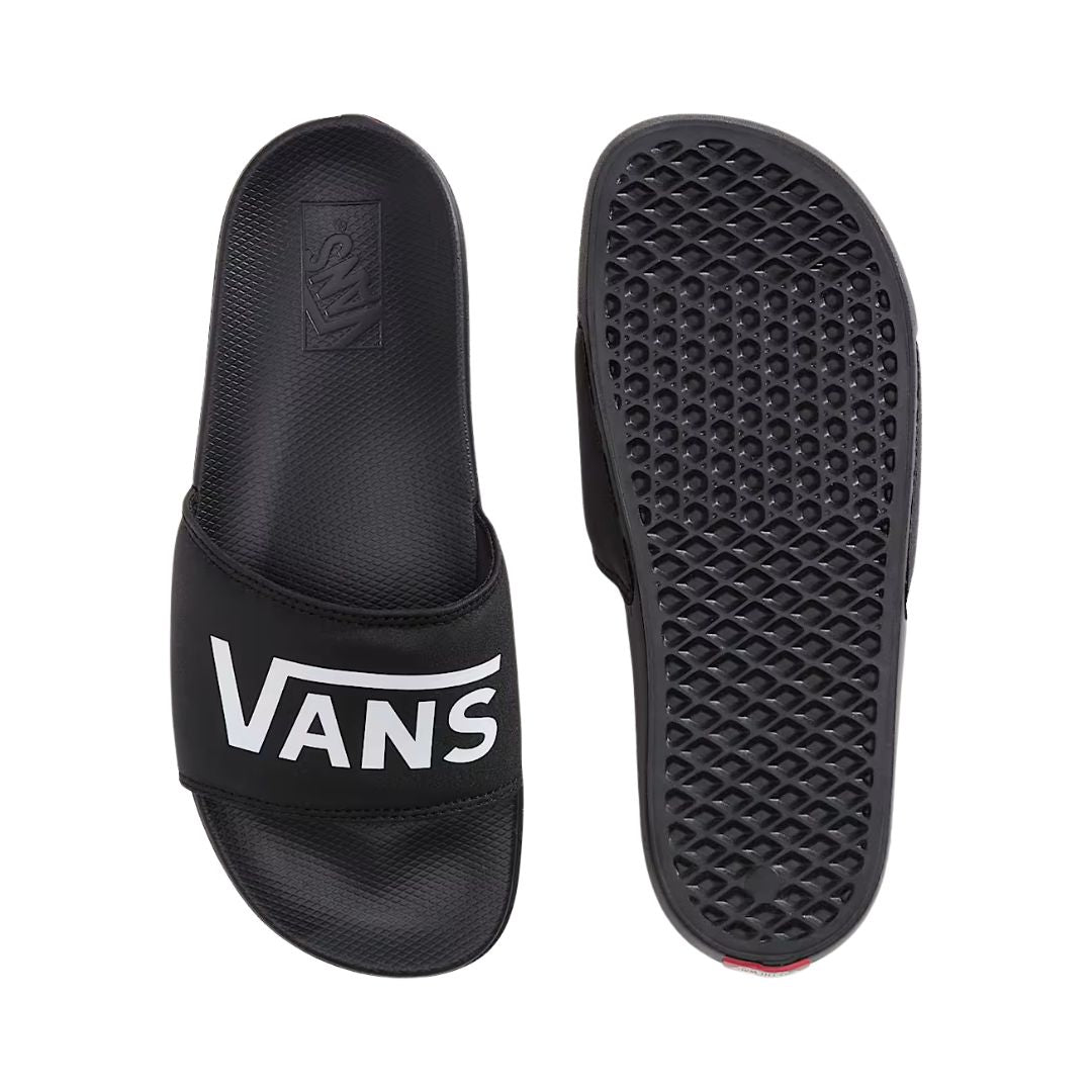 Chancla Vans La Costa Slide-On color Vans Black, vista superior y suela waffle texturizada.