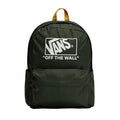 Mochila VANS Old Skool verde oscuro vista frontal con logotipo blanco y bolsillo delantero amplio