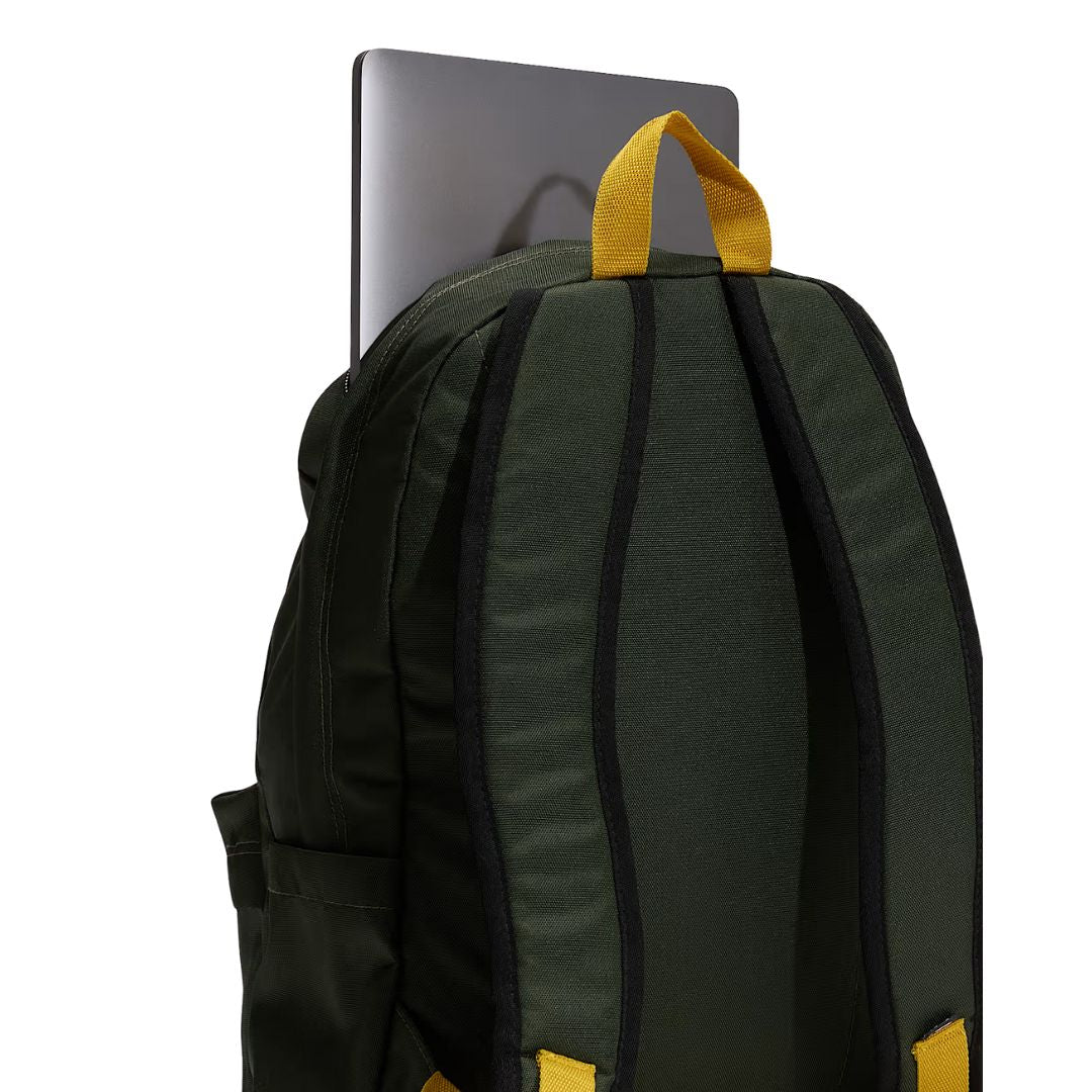 Vista superior trasera de la mochila VANS Old Skool verde oscuro con compartimento para portátil de hasta 15 pulgadas