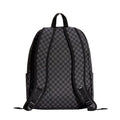 Mochila Vans Old Skool Check en negro y gris, vista trasera, con correas acolchadas ajustables, asa superior y el logo VANS tejido en la parte inferior de la espalda.
