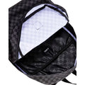 Mochila Vans Old Skool Check en negro y gris, compartimento principal abierto, mostrando el forro interior a cuadros, la funda para portátil y el bolsillo interno con logo VANS.