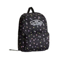 Mochila Vans Old Skool Classic en color black floral, vista frontal completa sobre fondo blanco, con el parche VANS Off The Wall y bolsillo delantero floral.