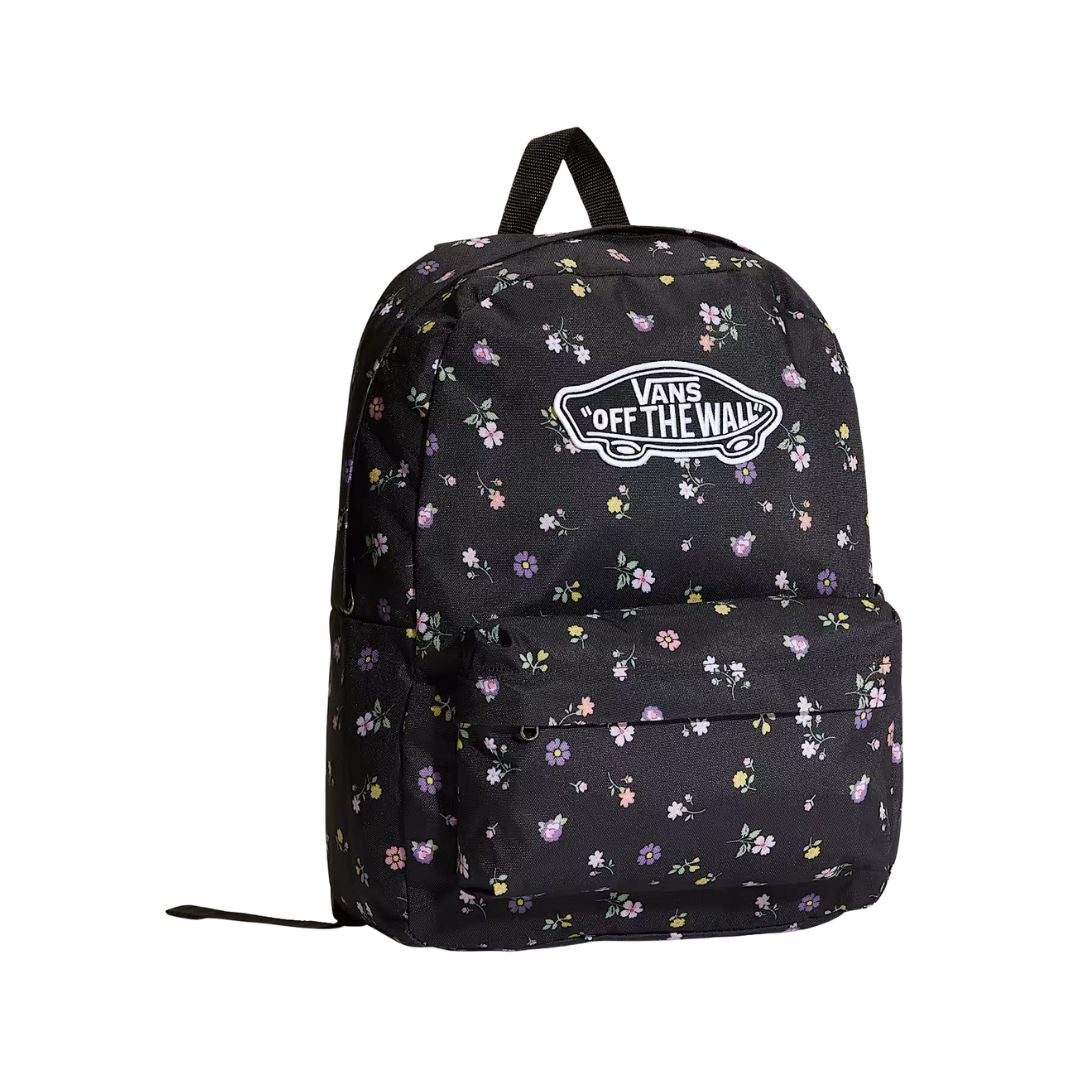 Mochila Vans Old Skool Classic en color black floral, vista frontal completa sobre fondo blanco, con el parche VANS Off The Wall y bolsillo delantero floral.