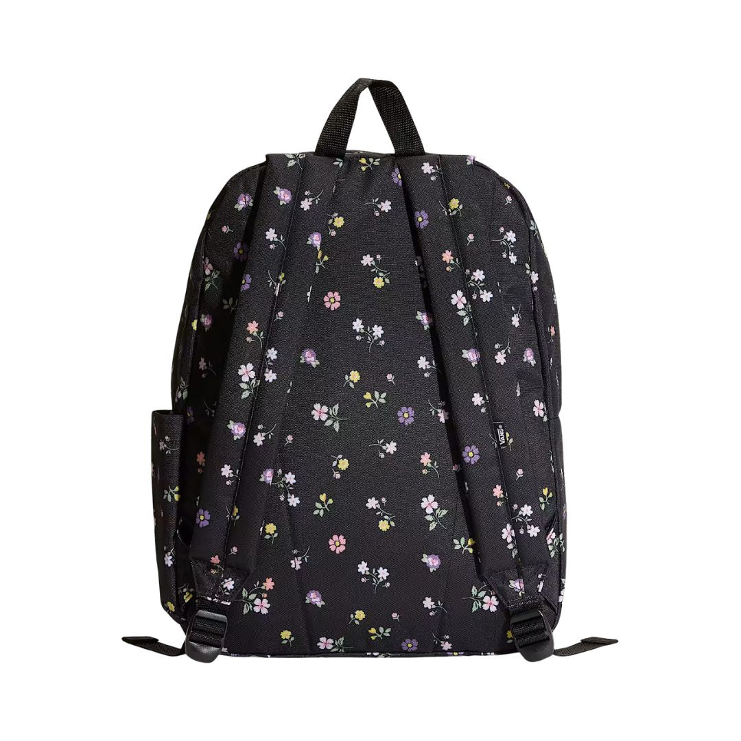 Mochila Vans Old Skool Classic en color black floral, vista trasera, con correas acolchadas ajustables, asa superior y bolsillo lateral con florecitas.