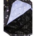 Mochila Vans Old Skool Classic en color black floral, compartimento principal abierto, mostrando el forro interior y el bolsillo interno con logo VANS.