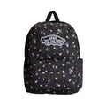 Mochila Vans Old Skool Classic en color black floral, vista frontal completa sobre fondo blanco, con el parche VANS Off The Wall y bolsillo delantero floral.