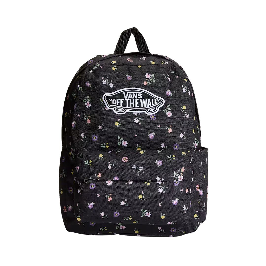 Mochila Vans Old Skool Classic en color black floral, vista frontal completa sobre fondo blanco, con el parche VANS Off The Wall y bolsillo delantero floral.