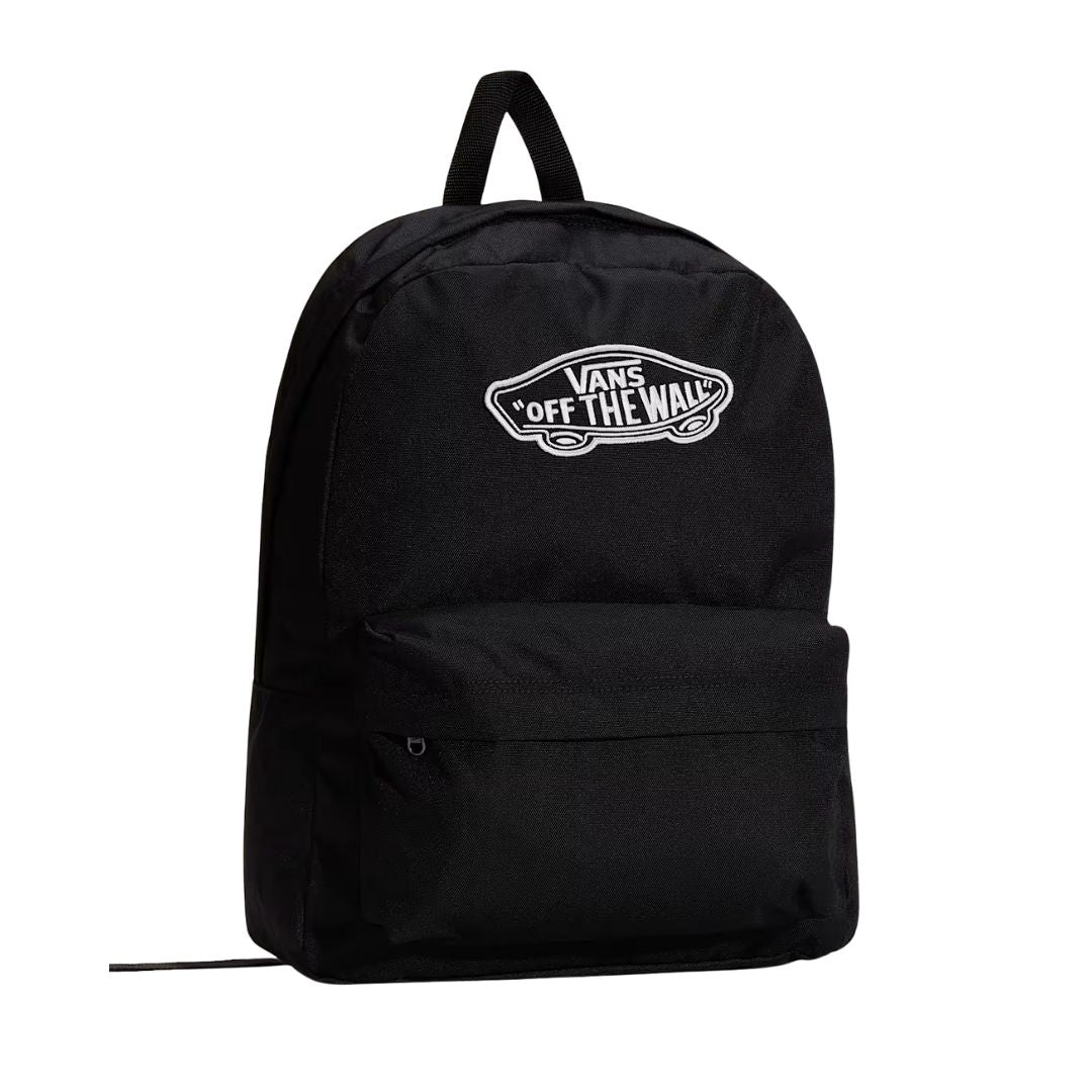 Vista en ángulo de la Vans Old Skool Classic Backpack color negro con logo Vans Off The Wall.