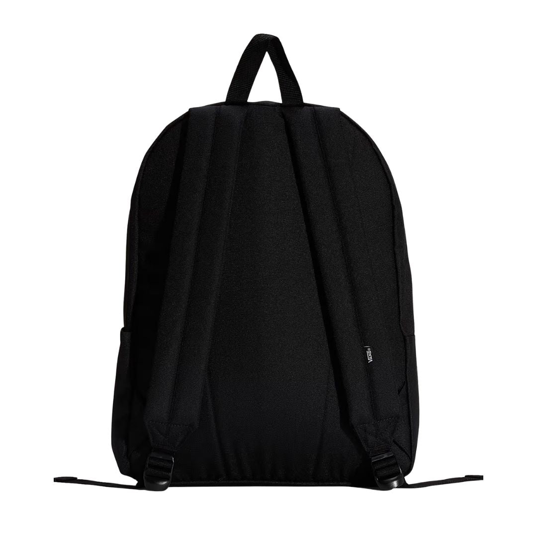 Vista trasera de la Vans Old Skool Classic Backpack negra con correas ergonómicas acolchadas.