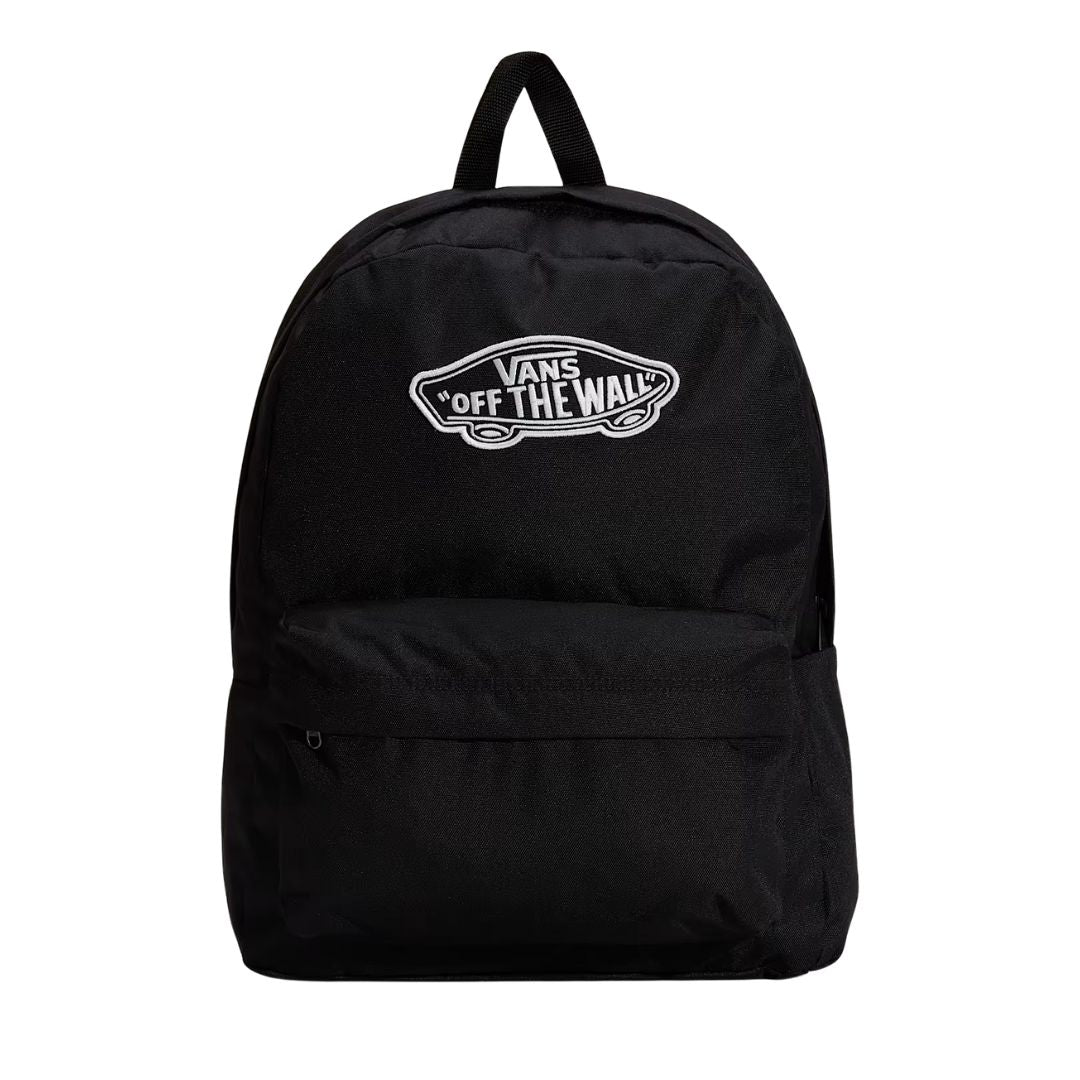 Vista frontal de la Vans Old Skool Classic Backpack negra con bolsillo exterior con cremallera.
