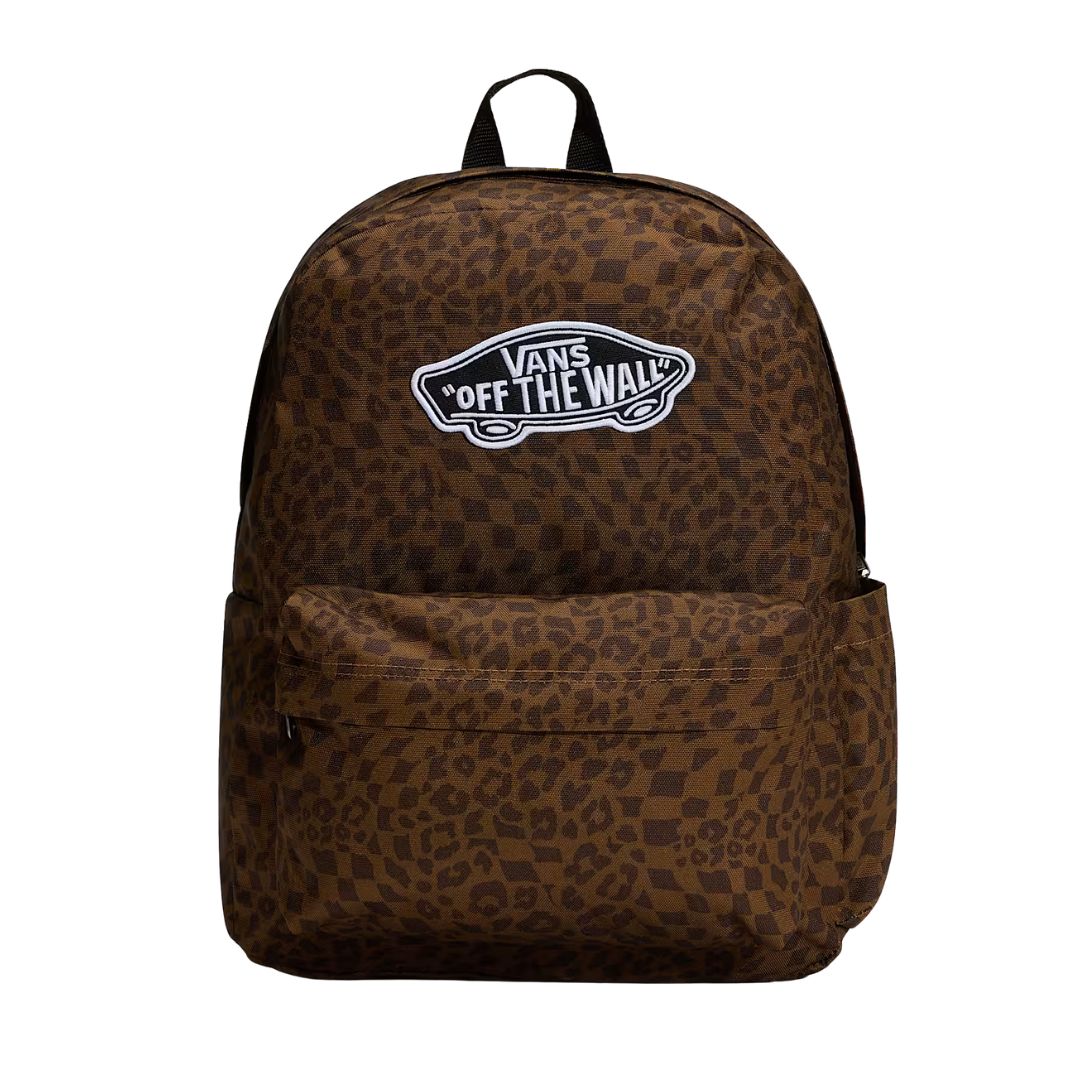 Vista frontal de la Vans Old Skool Classic Backpack dachshund marrón con bolsillo exterior con cremallera.