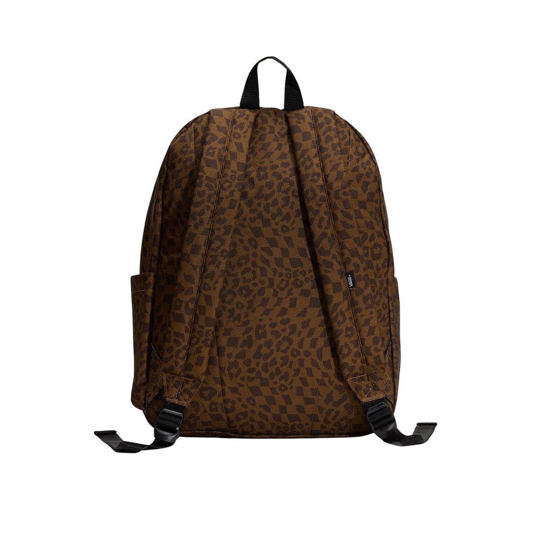 Vista trasera de la Vans Old Skool Classic Backpack dachshund marrón con correas acolchadas ajustables.
