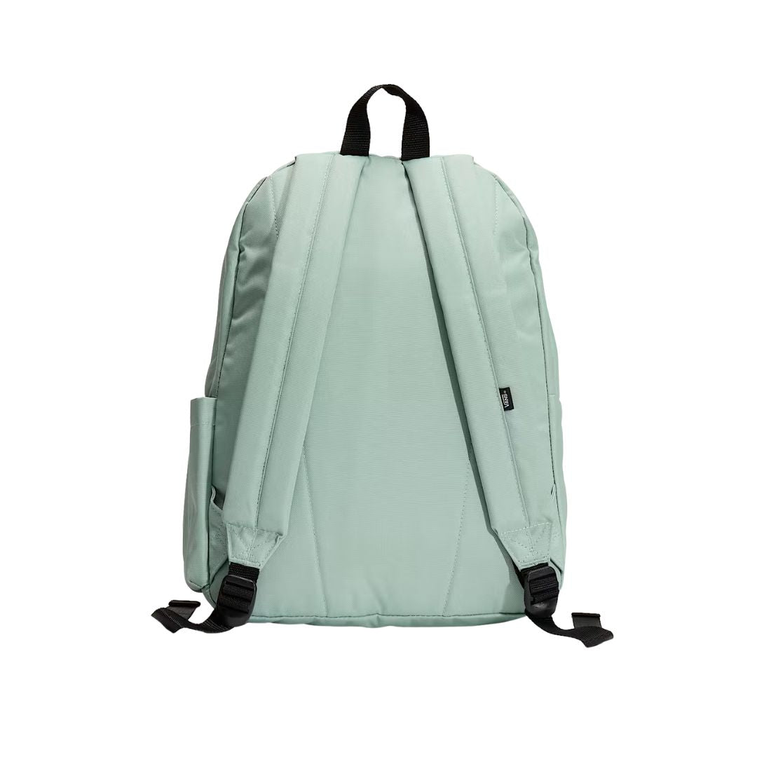 Vista trasera de la Vans Old Skool Classic Backpack gris oliva con correas acolchadas ajustables.