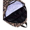 Mochila Vans Old Skool Classic en color incense (estampado leopardo), compartimento principal abierto, mostrando el forro interior y el bolsillo interno con logo VANS.