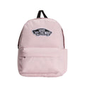 Mochila Vans Old Skool Classic en color pale pink, vista frontal completa sobre fondo blanco, con el parche VANS Off The Wall y bolsillo delantero con cremallera.