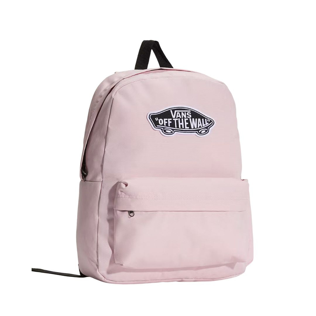 Mochila Vans Old Skool Classic en color pale pink, vista frontal en tres cuartos sobre fondo blanco, con el parche VANS Off The Wall y bolsillo delantero.