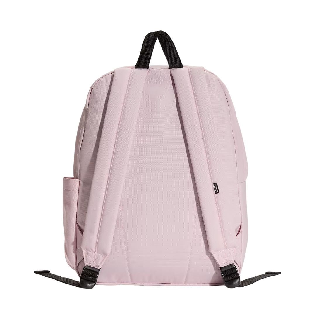 Mochila Vans Old Skool Classic en color pale pink, vista trasera, con correas acolchadas ajustables, asa superior y bolsillo lateral en tono rosa pálido.