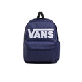 Mochila Vans Old Skool Drop V color Deep Twilight vista en ángulo mostrando el logo y el bolsillo frontal con cremallera.