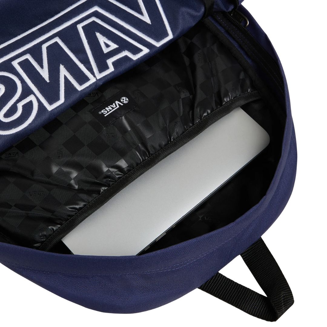 Mochila Vans Old Skool Drop V color Deep Twilight vista frontal con logo grande en blanco.