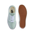 Vans Old Skool Theory Gray Olive White vista superior y suela waffle marrón, cordones blancos y mediasuela blanca con línea negra.