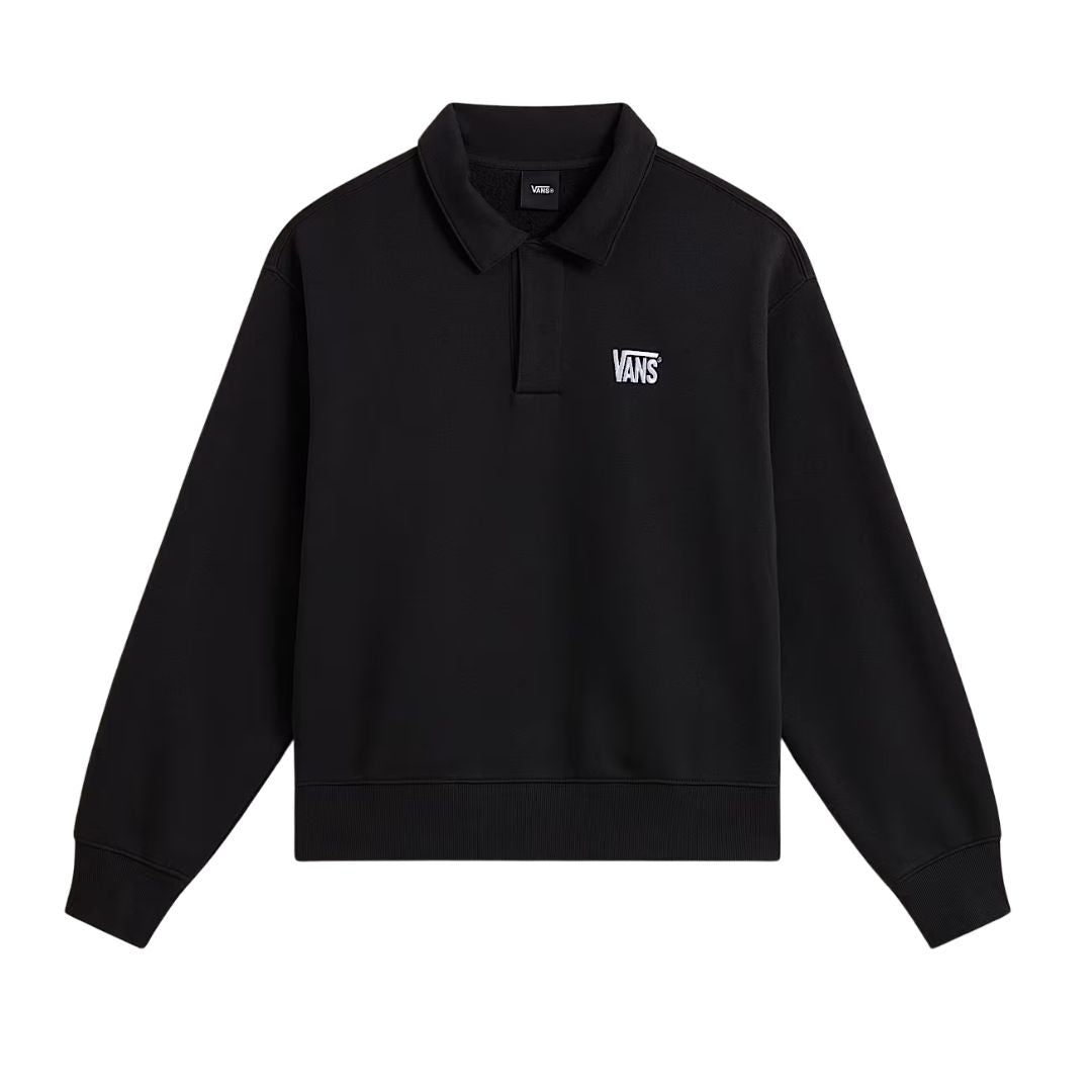 Vans Polo Fleece Pullover en negro, jersey tipo polo de felpa para hombre, vista frontal con cuello abotonado, logotipo Vans bordado en el pecho y acabado lavado en prenda.
