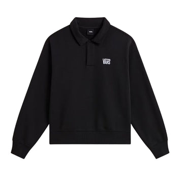 Vans Polo Fleece Pullover en negro, jersey tipo polo de felpa para hombre, vista frontal con cuello abotonado, logotipo Vans bordado en el pecho y acabado lavado en prenda.