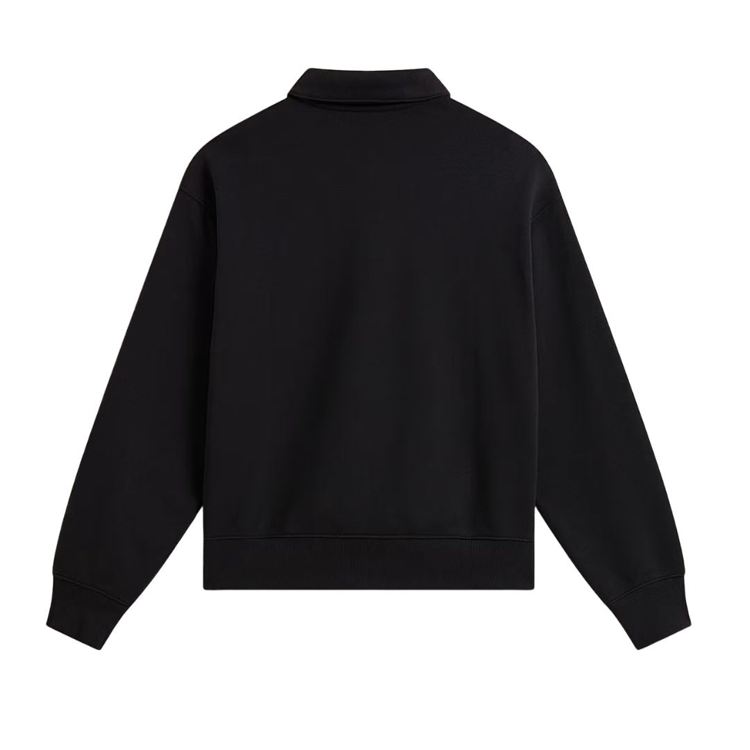 Vans Polo Fleece Pullover en negro, jersey tipo polo de felpa para hombre, vista trasera con cuello solapa, canalé en puños y bajo, y corte holgado de manga larga.