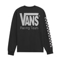 Camiseta Vans Racing LS Tee en color negro en plano de espalda sobre fondo blanco, con el logotipo VANS en gran tamaño, el texto Racing Team debajo y detalle a cuadros en la manga.