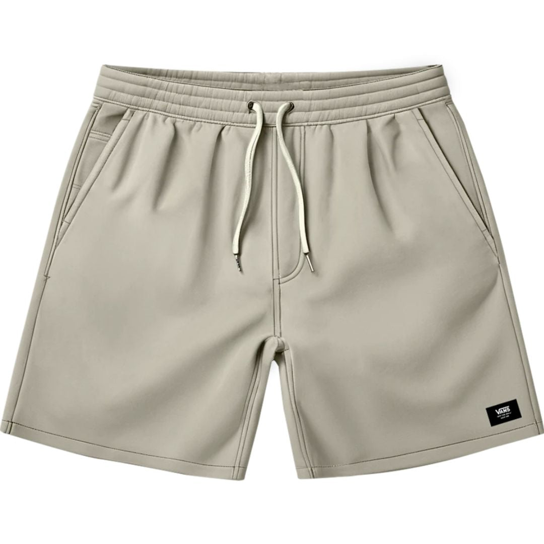 Vans Range Relaxed Sport Short color oatmeal vista frontal, shorts deportivos con ajuste relaxed, cintura elástica con cordón ajustable y bolsillos laterales.