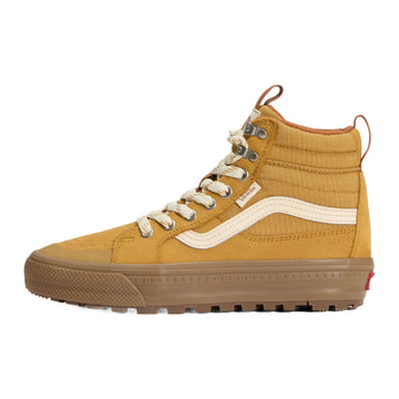 Vans Sk8-Hi Waterproof Insulated zapatilla alta en marrón con banda lateral crema, cordones claros, interior contrastado y suela All-Trac de goma con tacos, vista lateral.