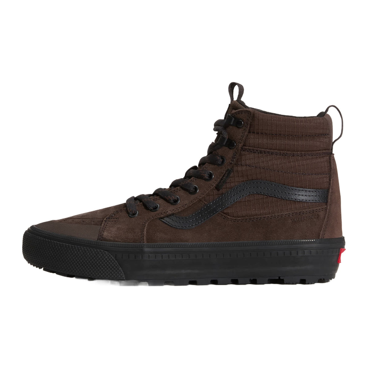 Vans Sk8-Hi Waterproof Insulated zapatilla alta en marrón Demitasse Brown con banda lateral oscura, cordones oscuros y suela All-Trac con tacos, vista lateral.