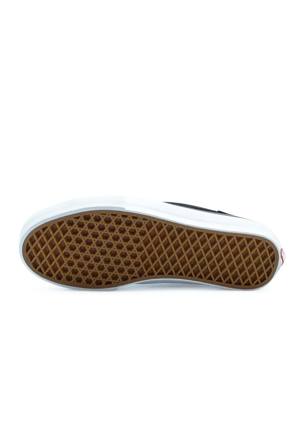 Suela de las Vans Skate AVE Classic en negro y blanco, con patrón waffle de goma tono gum, puntera y talón en blanco y logo Vans Off The Wall grabado en el talón.