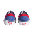 Zapatillas Vans Skate Era Blue Red vista trasera con talón en ante azul, panel rojo y etiqueta roja Vans Off The Wall.