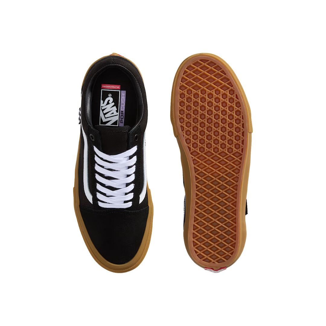 Vista superior y suela de las zapatillas Vans Skate Old Skool black gum con diseño waffle de goma.