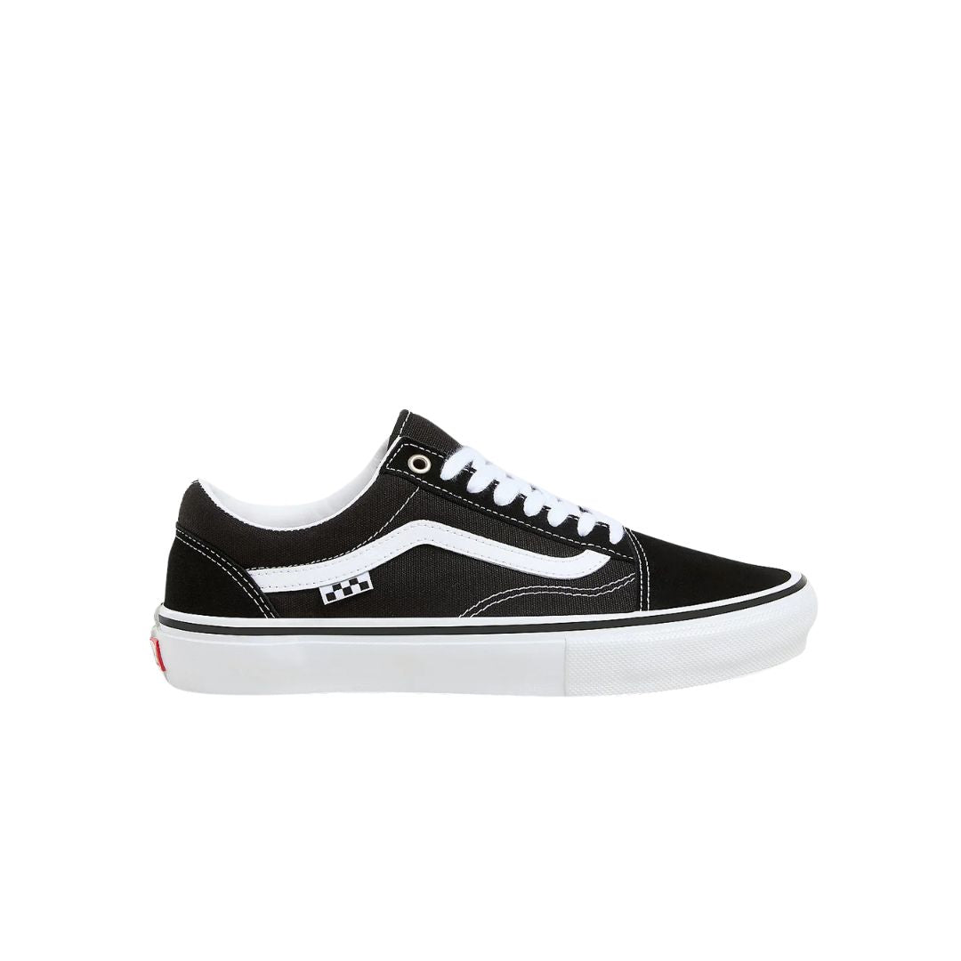 Vista lateral de las zapatillas Vans Skate Old Skool black white mostrando diseño clásico