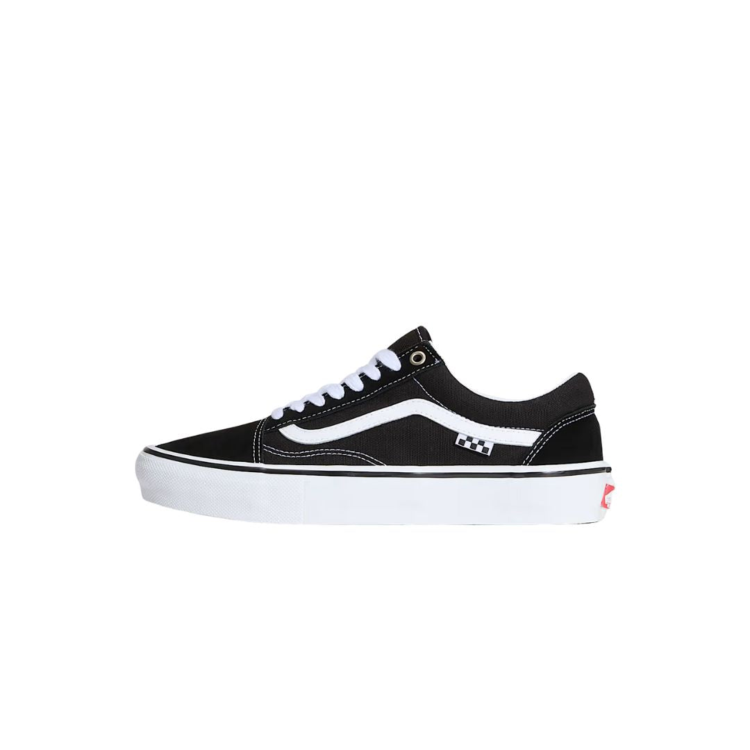 Vista lateral opuesta de las zapatillas Vans Skate Old Skool black white mostrando diseño clásico.