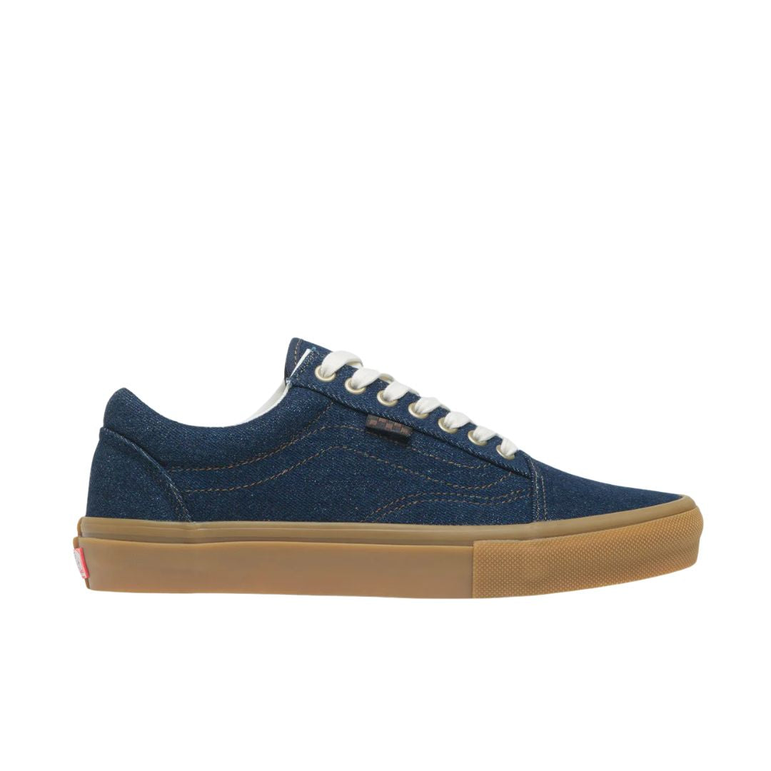 Vans Skate Old Skool color Blue Denim vista lateral completa del pie derecho.