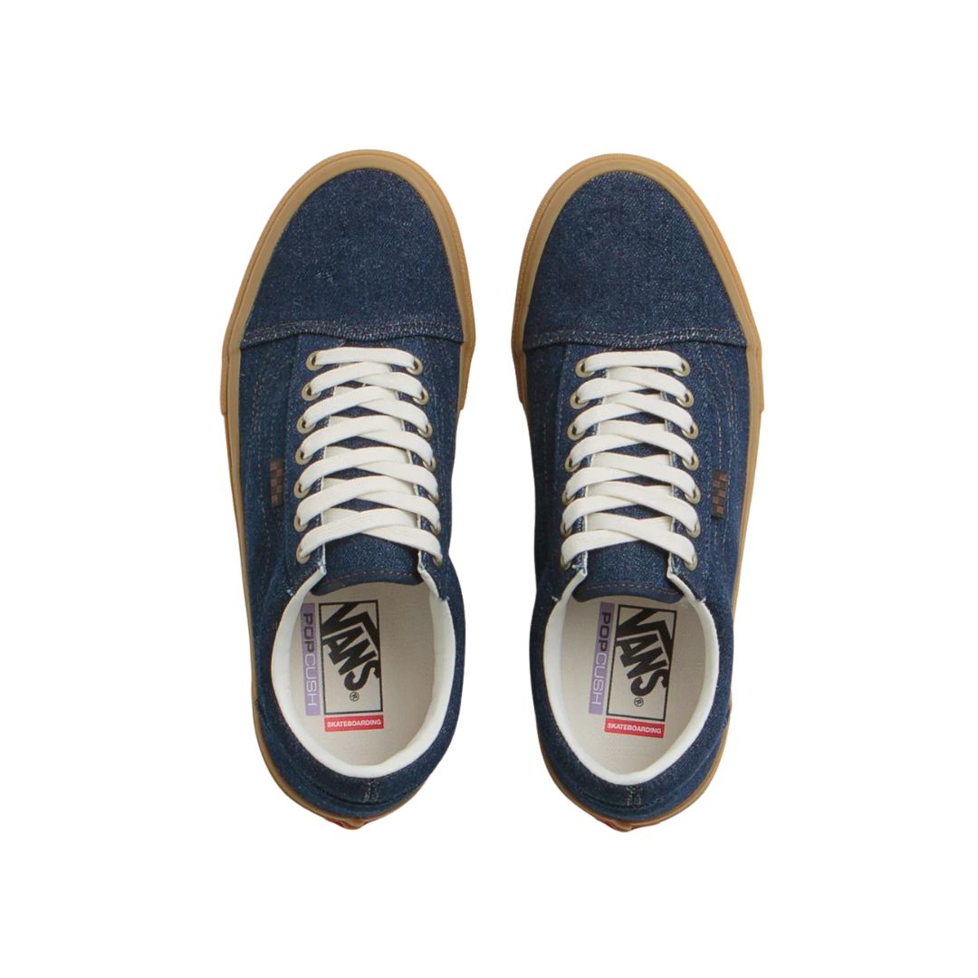 Vans Skate Old Skool color Blue Denim vista superior mostrando cordones blancos.