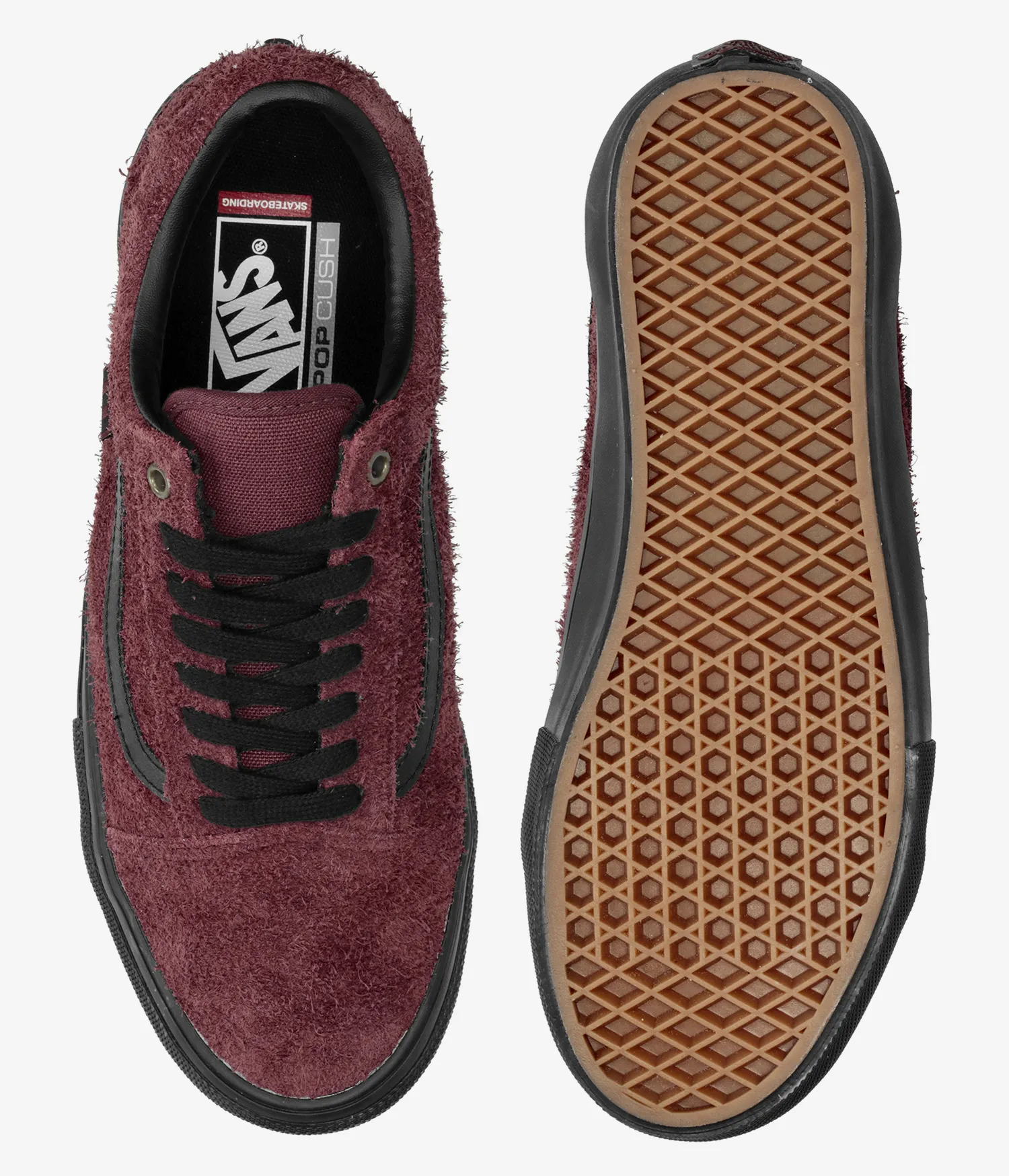 Zapatillas Vans Skate Old Skool Hairy Suede Black Burgundy con la suela negra y waffle y cordones negros