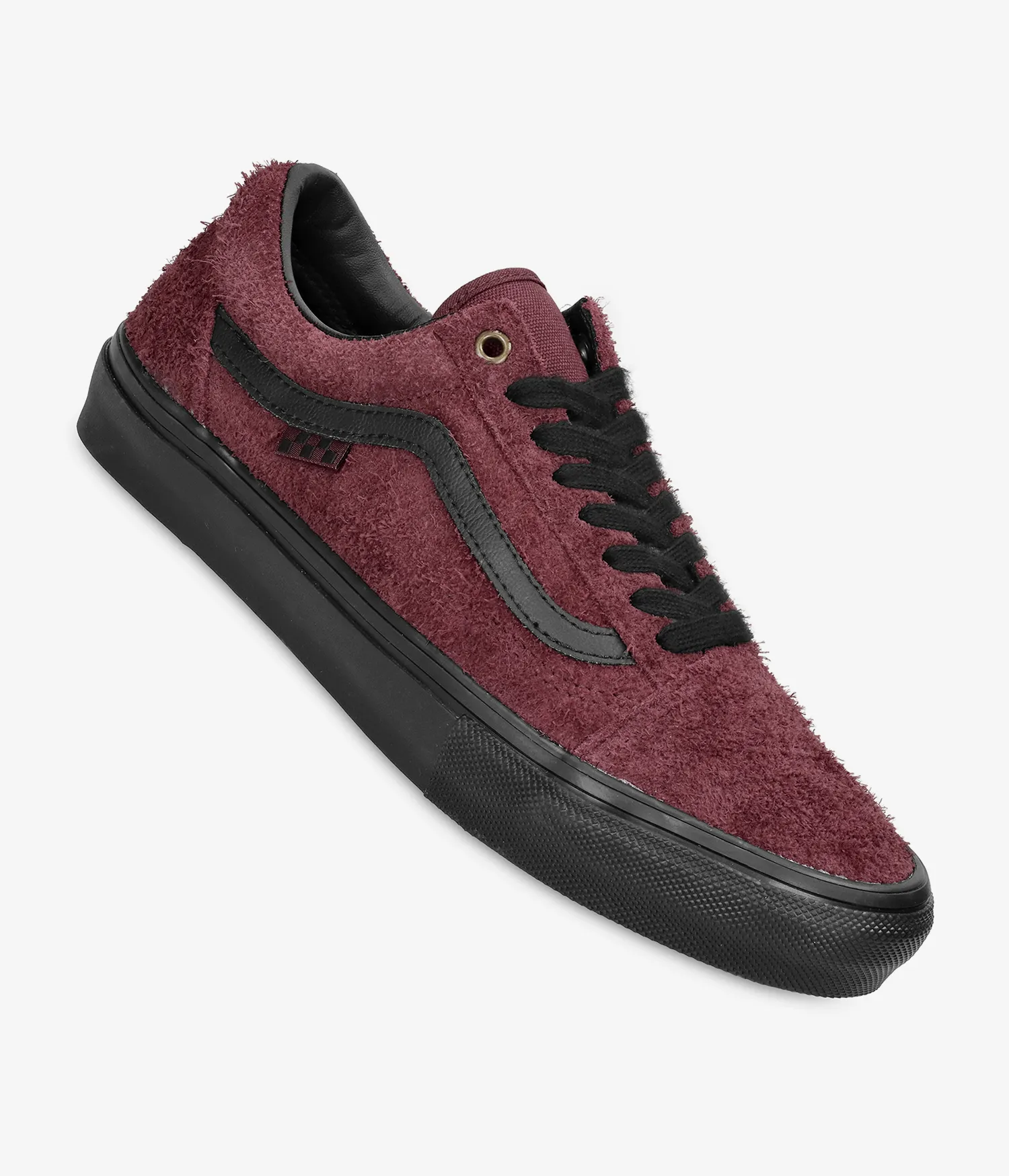 Zapatillas Vans Skate Old Skool Hairy Suede Black Burgundy con la suela negra y waffle y cordones negros lateral