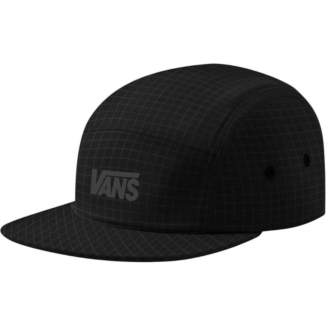 Vans Stretch Logo Camper negra con patrón cuadriculado sutil, gorra 5 paneles de tejido ripstop con visera plana y logotipo Vans bordado en el frontal.