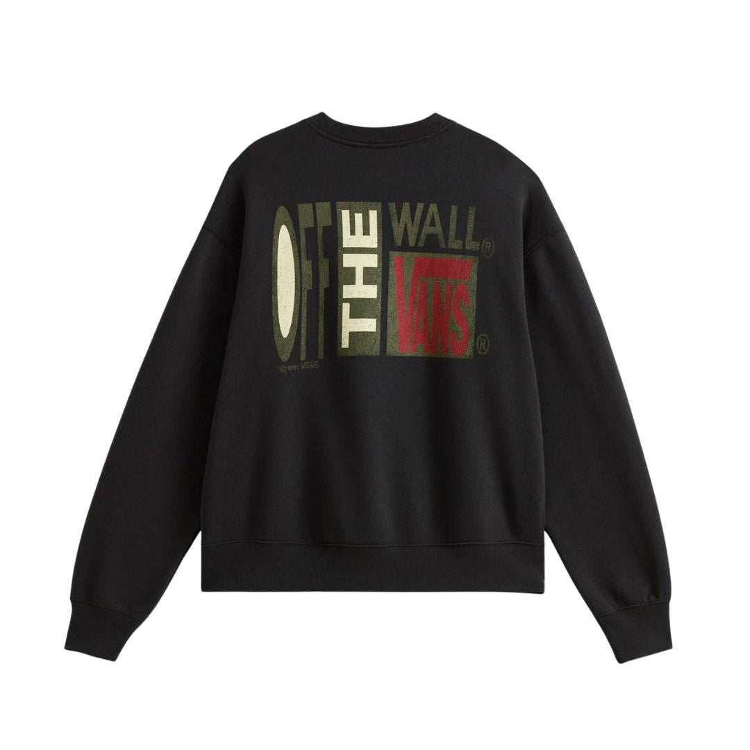 Vans Stretch Stack Crackle Crew negra vista trasera, sudadera crew sin capucha loose fit con gran estampado Off The Wall Vans en la espalda y manga larga.