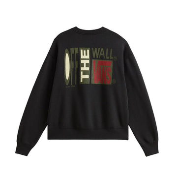 Vans Stretch Stack Crackle Crew negra vista trasera, sudadera crew sin capucha loose fit con gran estampado Off The Wall Vans en la espalda y manga larga.
