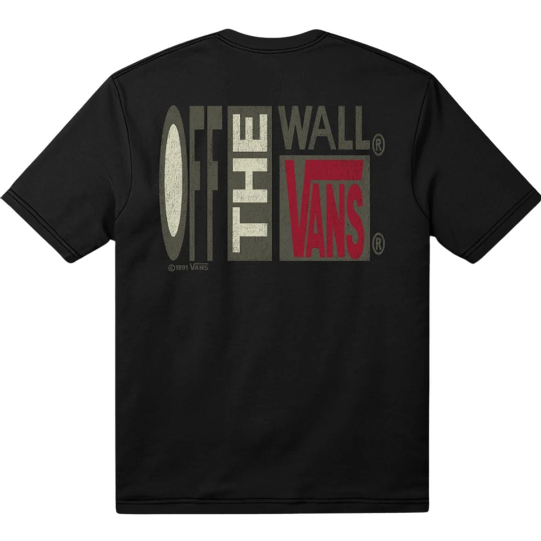 Vans Stretch Stack Crackle SS Tee negra vista trasera, camiseta Vans de manga corta con gran estampado Off The Wall efecto crackle en la espalda.