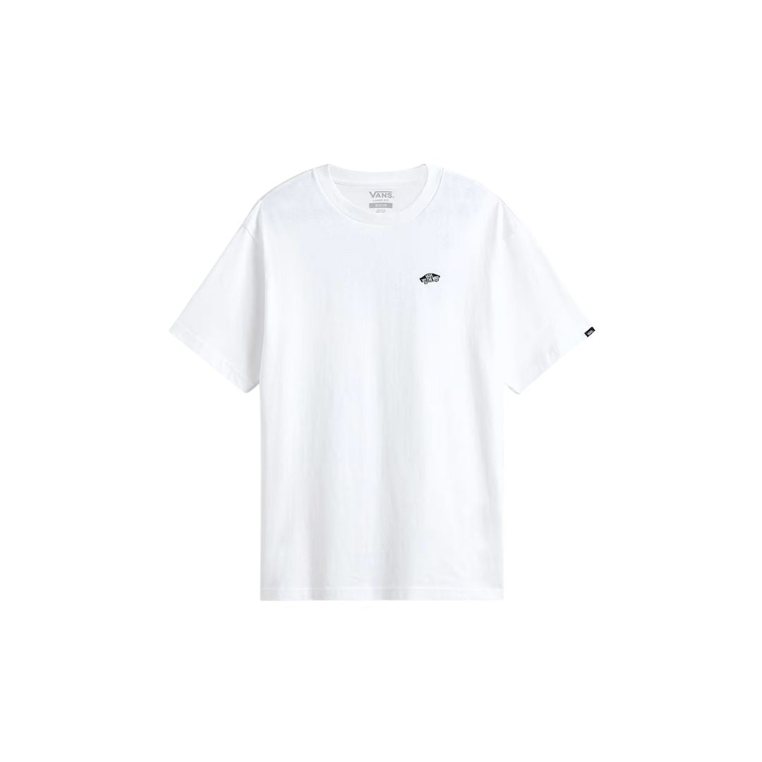 Camiseta Vans Style 76 II Loose SS Tee blanca con logo negro Off The Wall en el pecho, vista plana.