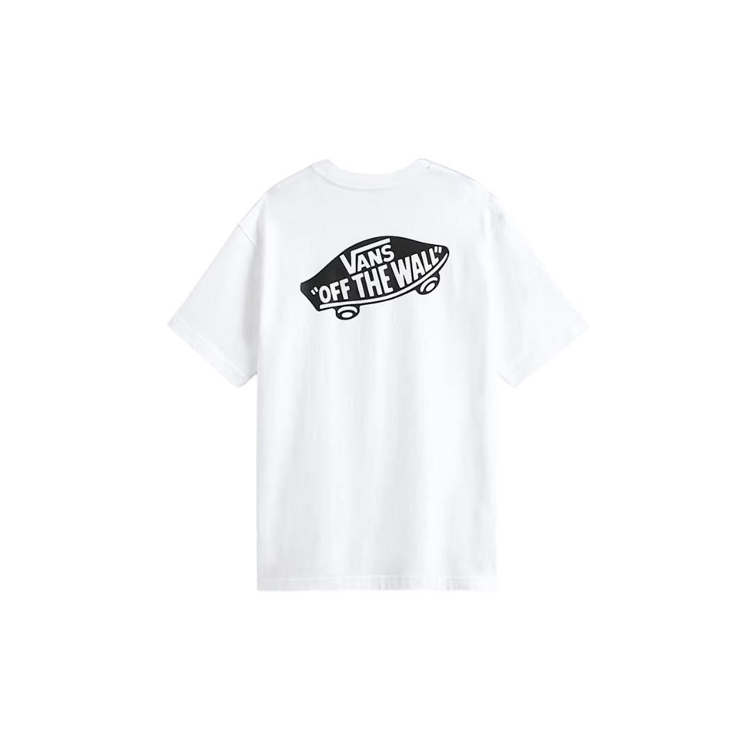 Camiseta Vans Style 76 II Loose SS Tee blanca con logo negro Off The Wall en la espalda, vista plana.